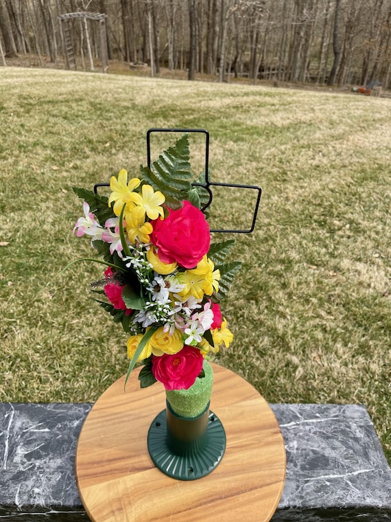 Bright Pink Mix Silk Flowers on Cross, Cemetery Cross with Heart, 22” Cross Flower Arrangement, Flowers for Cemetery, Memorial Flowers