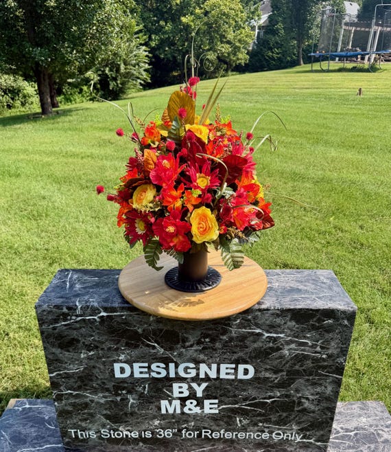 Bright Fall Silk Flower Cemetery Arrangement - Memorial Headstone Arrangement - Grave Decoration