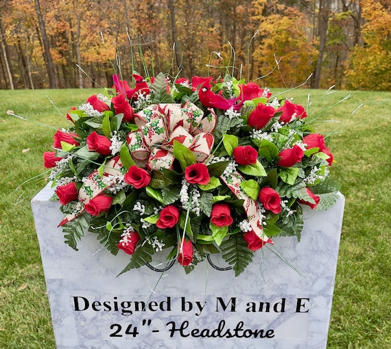 Redbird-Red Roses-Bow 22"-24" Christmas Cemetery Saddle Christmas, Christmas Cemetery Flowers, Christmas Arrangement, Memorial Flowers