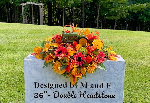 Green Tractor in Fall Cemetery Saddle, Flowers for the Cemetery, Memorial Day Saddle, Sympathy Flowers, Cemetery Flowers, Gravesite Flowers