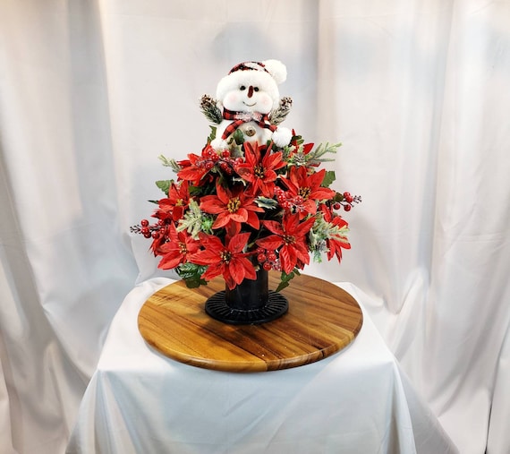Snowman Poinsettas and Berries Cemetery Christmas Vase, Christmas Vase, Christmas Cemetery Vase, Christmas Flowers, Cemetery Vase