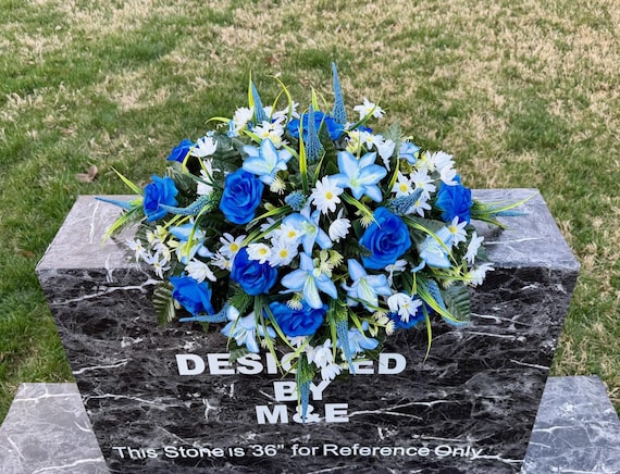 Blue White Cemetery Saddle Arrangement, Headstone Flowers, Memorial Flowers