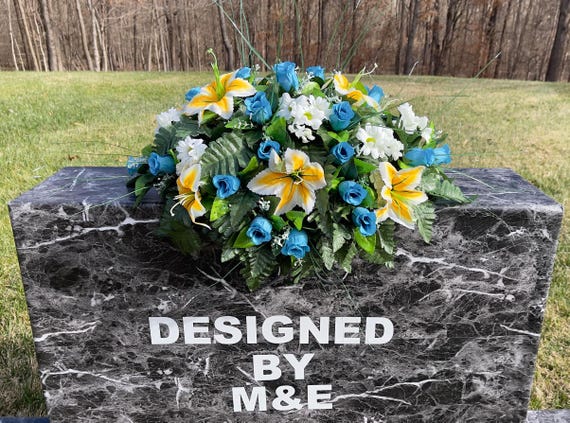 Teal, Yellow and White Single Headstone Cemetery Saddle, 22-24” Cemetery Flower Arrangement, Flowers for Cemetery, Memorial Saddle