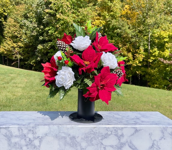 Red Poinsettia Christmas Cemetery Vase Arrangement