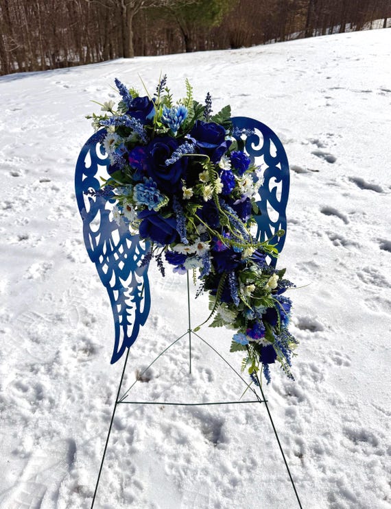 Soft Blue Clouds Angel Wings Cemetery Arrangement, Memorial Flowers, Headstone Decorations,