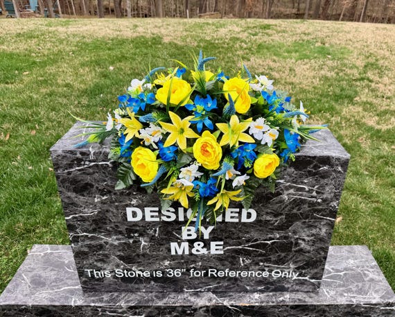 Bright Blue and Yellow Cemetery Saddle, Grave Decoration, Memorial Flowers