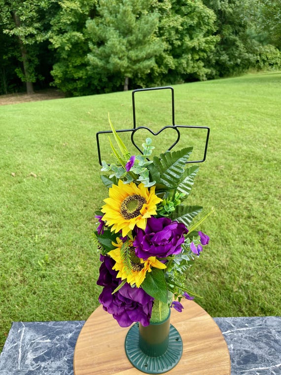 Purple & Yellow Silk Flower Cemetery Cross - Memorial Arrangement