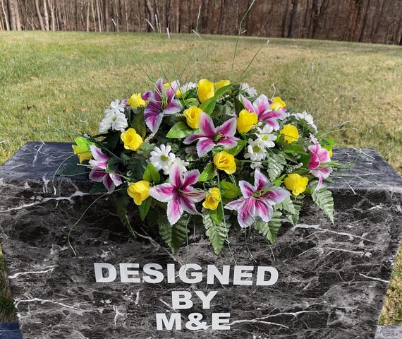 Purplish Yellow and White Single Headstone Cemetery Saddle, 22-24” Cemetery Flower Arrangement, Flowers for Cemetery, Memorial Saddle