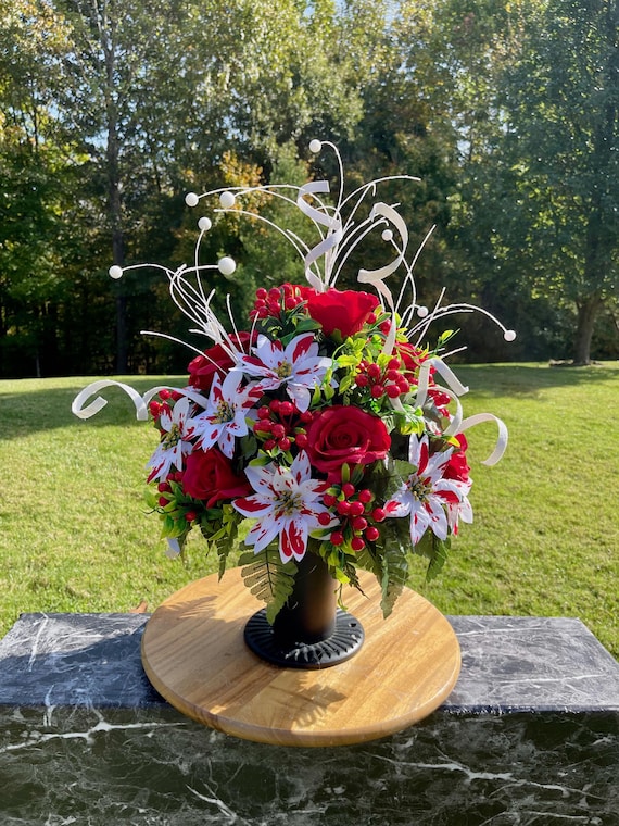 Christmas Cemetery Vase: Variegated Poinsettias and Winter Berries Memorial Flowers