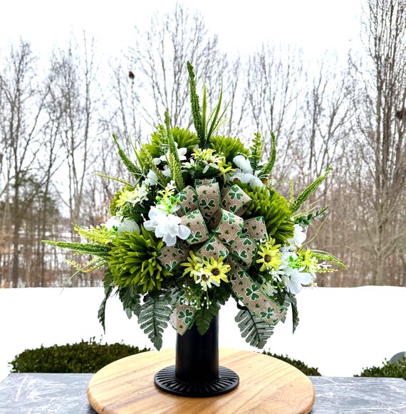 Green and White St. Patrick's Day Bow in Cemetery Vase, Grave Decorations, Memorial Decorations
