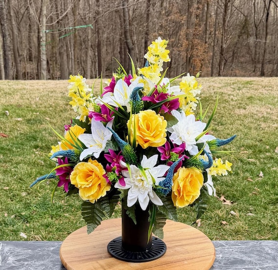 Yellow, White, Violet and Teal Cemetery Vase Arrangement, Headstone Arrangement, Memorial Flowers