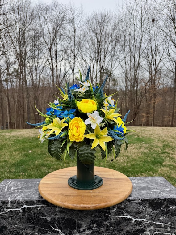 Blue Yellow White Cemetery Vase Arrangement, Memorial Flowers Silk Arrangement