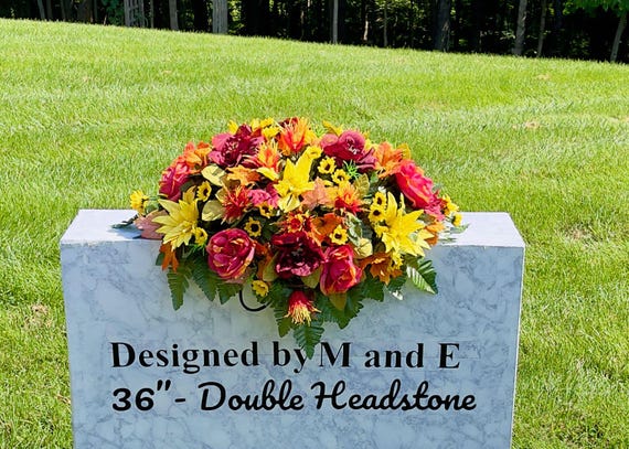 Yellow, Orange and Burgundy Quality Silk Flowers, Cemetery Saddle, Cemetery Flowers, Headstone Saddle, Cemetery Arrangement,