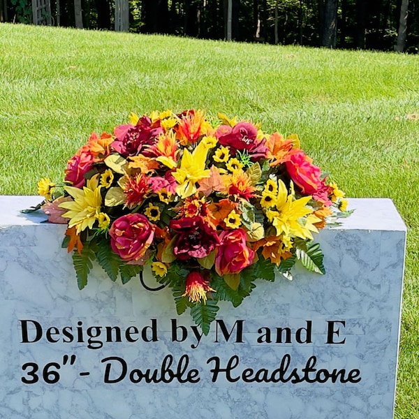 Silk Flower Cemetery Saddle: Yellow, Orange, and Burgundy Memorial Arrangement