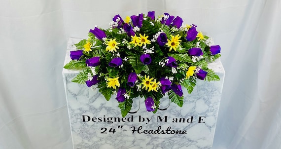 Purple Rose 22"-24" Cemetery Saddle, Cemetery Flower Arrangement, Flowers for Cemetery, Memorial Saddle, Headstone Flowers, Gravesite Flower