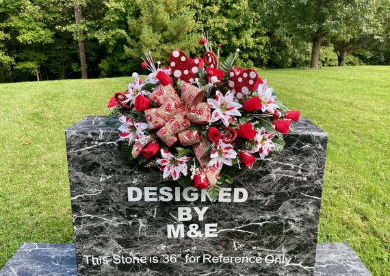 Christmas Cemetery Saddle: Silk Flowers & Bow Headstone Arrangement