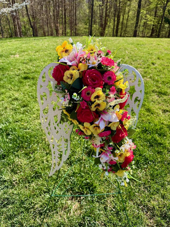 White Angel Wings with Bright Flowers Cemetery Arrangement, Memorial Flowers, Headstone Decorations,