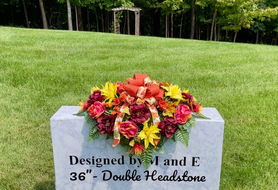 Fall Yellow-Burgundy with Bow Quality Silk Flowers, Cemetery Saddle, Cemetery Flowers, Headstone Saddle, Cemetery Arrangement,