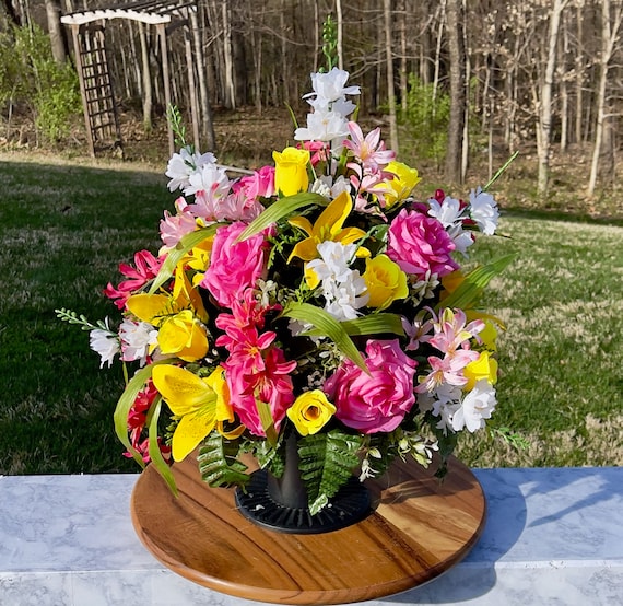 Yellow-Pink-White Cemetery Vase, Vase Arrangement, Memorial Cemetery Vase, Memorial Flowers, Spring Cemetery Vase, Sympathy Flowers