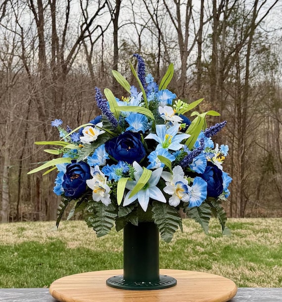 Blue White Green Cemetery Vase Arrangement, Memorial Flowers, Sympathy Silk Bouquet