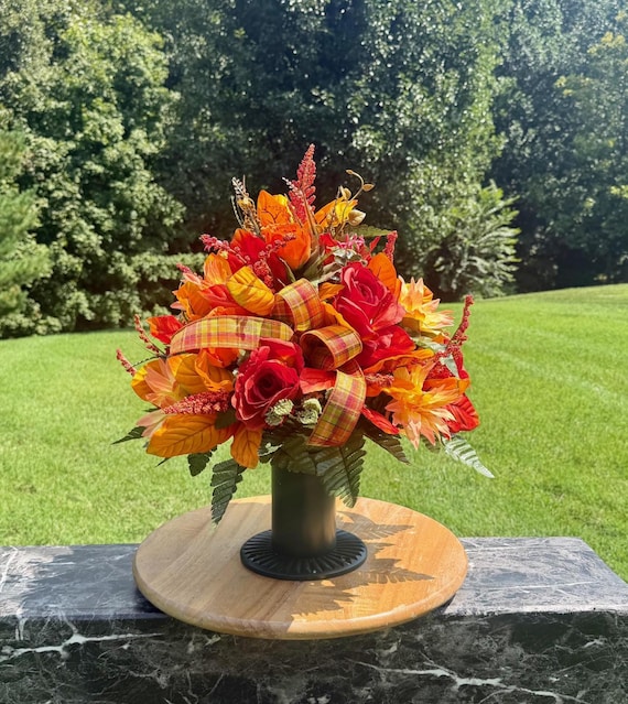 Orange and Yellow with a Bow Fall Cemetery Vase Arrangement: Fall Memorial Flowers
