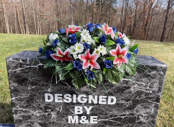 Dark Blue, Pink and White Single Headstone Cemetery Saddle, 22-24” Cemetery Flower Arrangement, Flowers for Cemetery, Memorial Saddle
