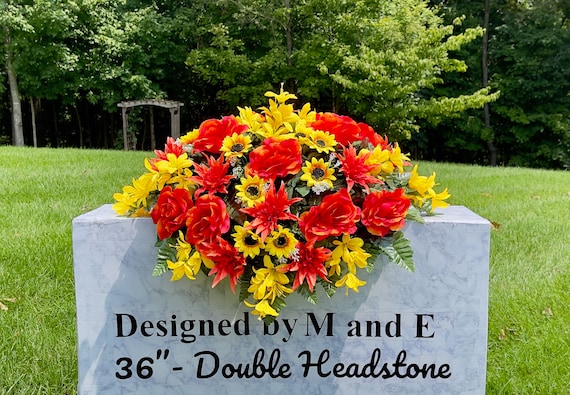Yellow and Orange Mix Quality Silk Flowers, Cemetery Saddle, Cemetery Flowers, Headstone Saddle, Cemetery Arrangement,
