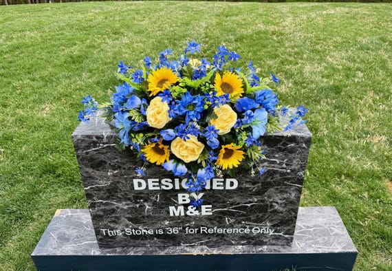 Cemetery Saddle Arrangement, Yellow Blue Silk Flowers, Headstone Memorial Flowers