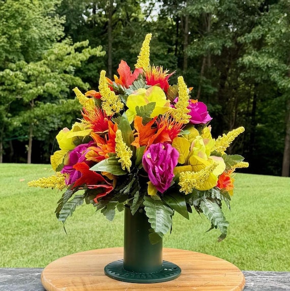 One-of-a-Kind cannot be duplicated Silk Flower Cemetery Vase - Memorial Headstone Arrangement - Grave Decoration
