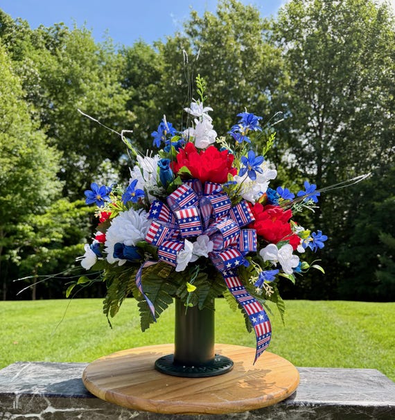 Patriotic Cemetery Vase: Red, White, and Blue Memorial Flowers