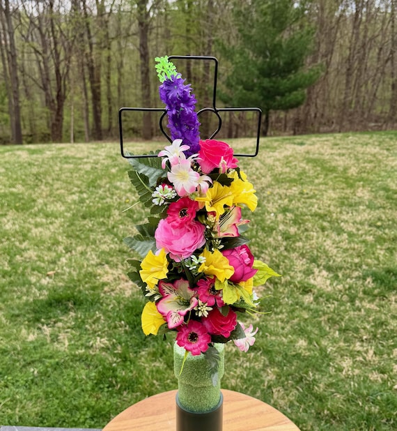 Bright Multi-Color Silk Flower Cemetery Cross - Grave Decoration - Memorial Arrangement