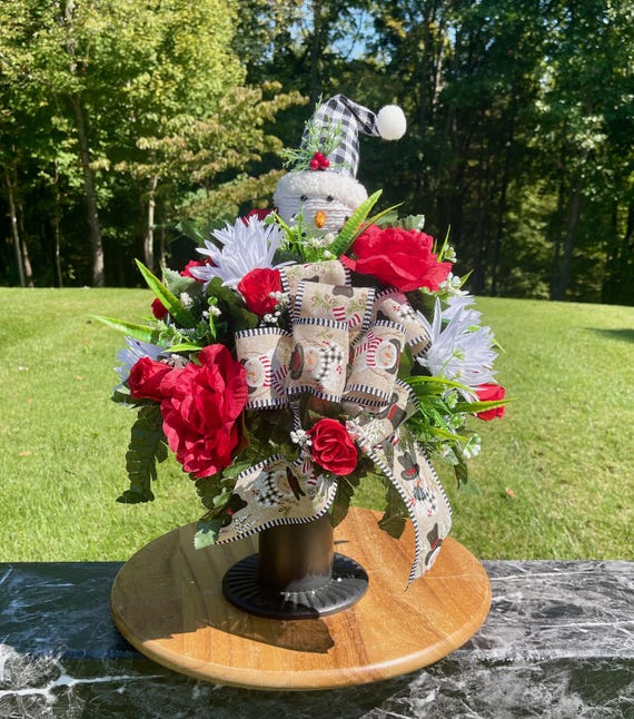 Christmas Cemetery Vase Snowman with Plaid Cap Silk Floral Arrangement
