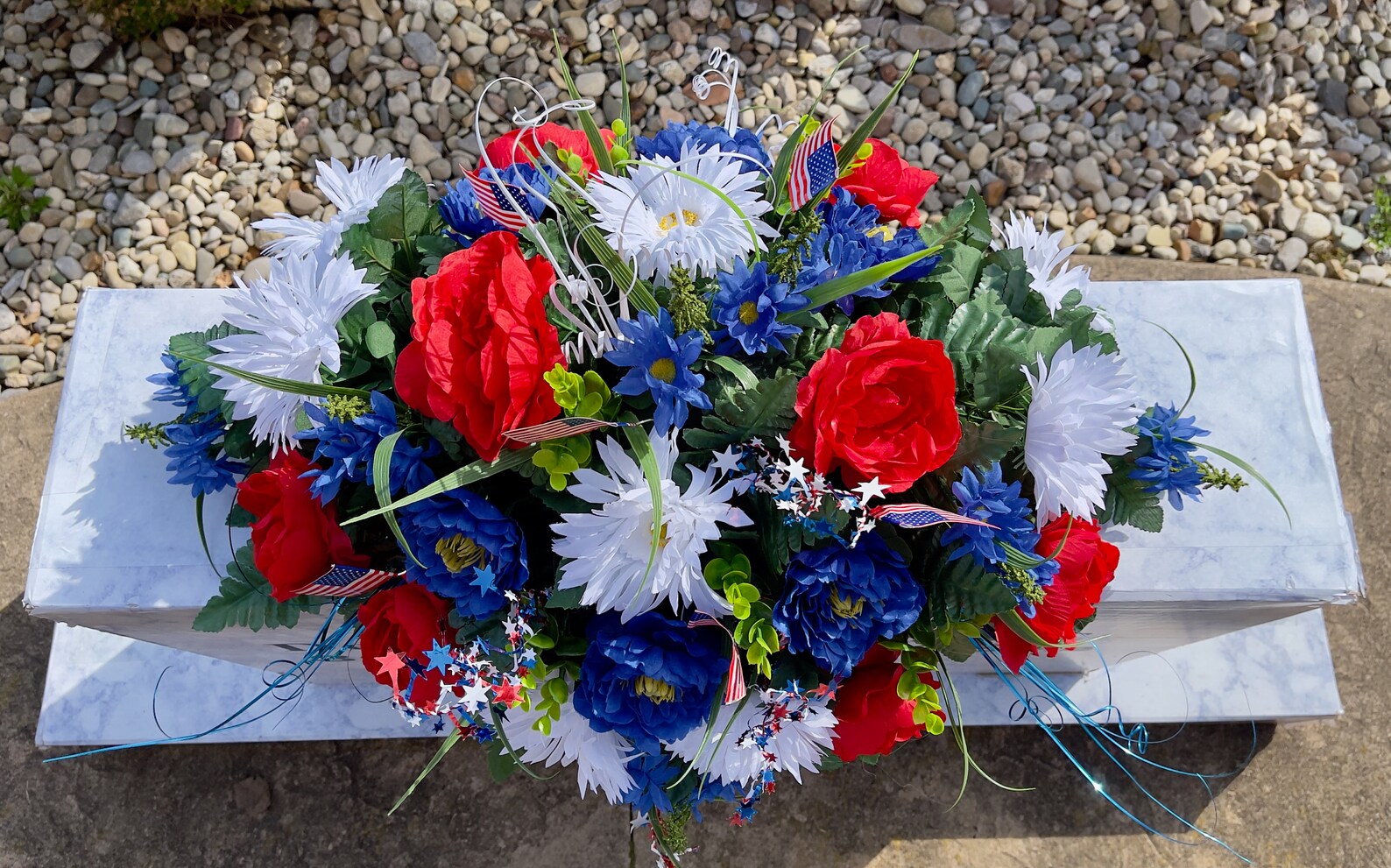 Patriotic Red White Blue Cemetery Saddle Arrangement, Memorial ...
