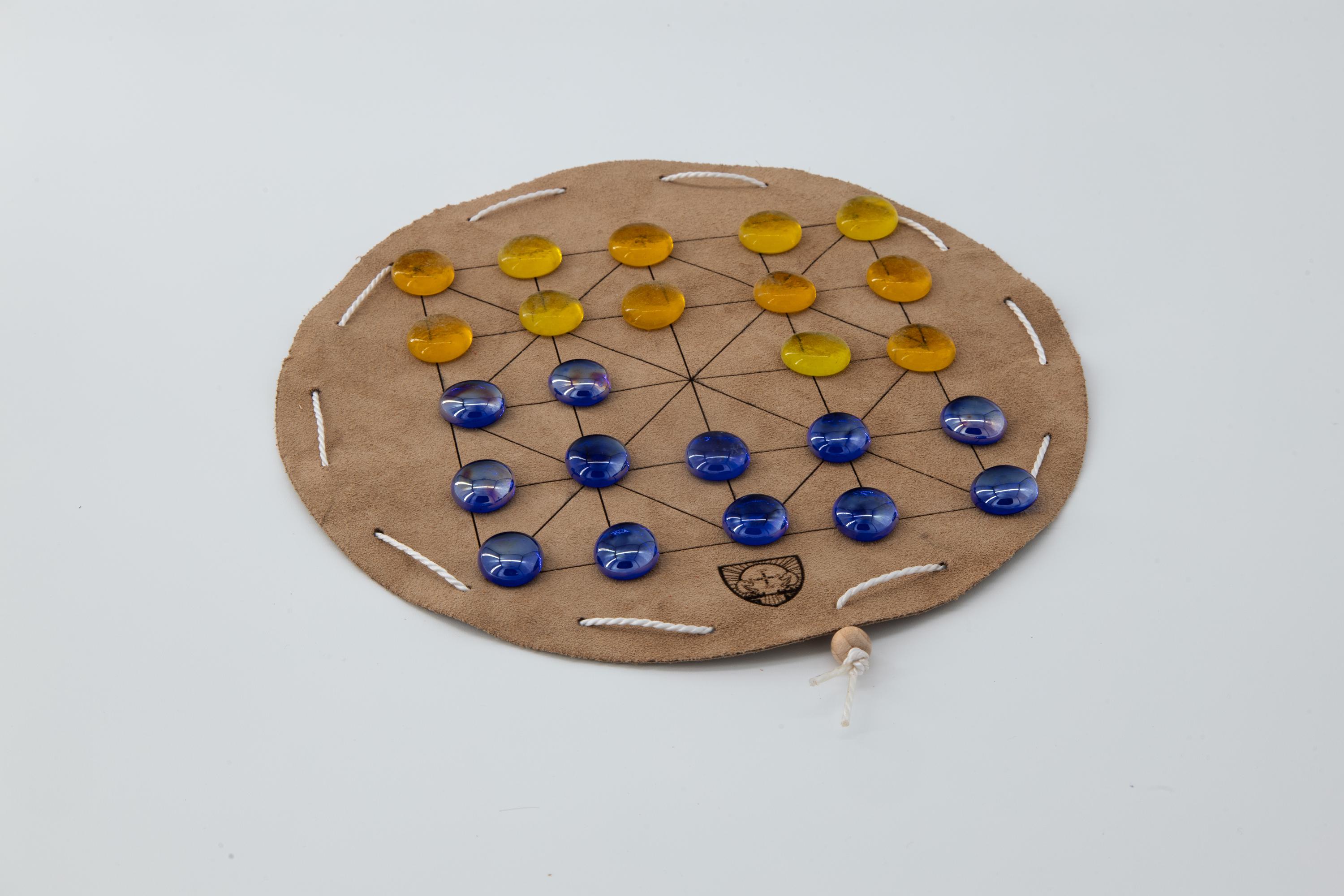 Alquerque, Quirkat, Checkers, historical board games from Spain, 13th century, in a leather bag