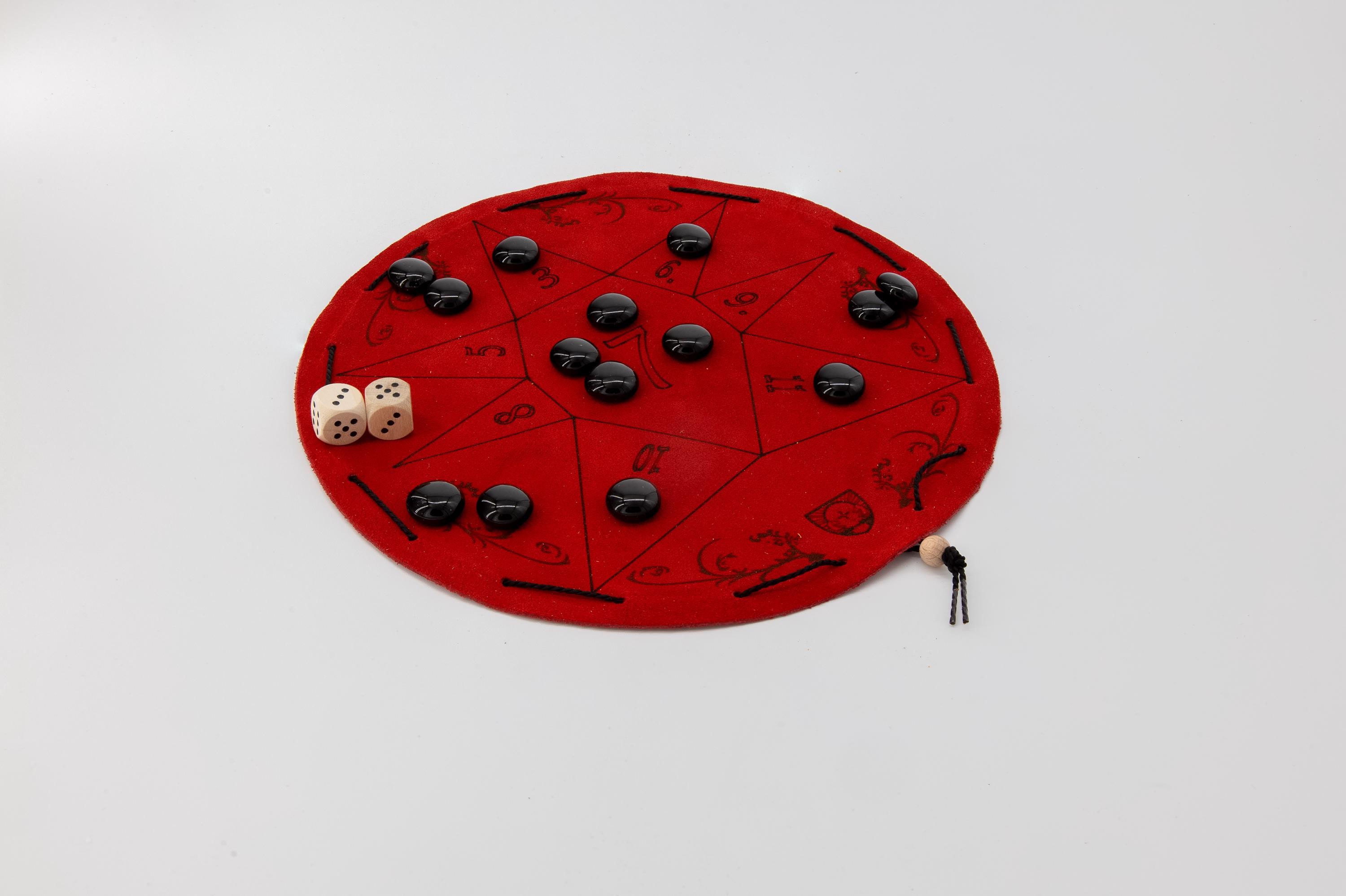 House of Fortune, historical board games in a leather bag, for two players, several players, game of chance, dice game,
