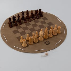 Chess, chess set, historical board games in a leather bag