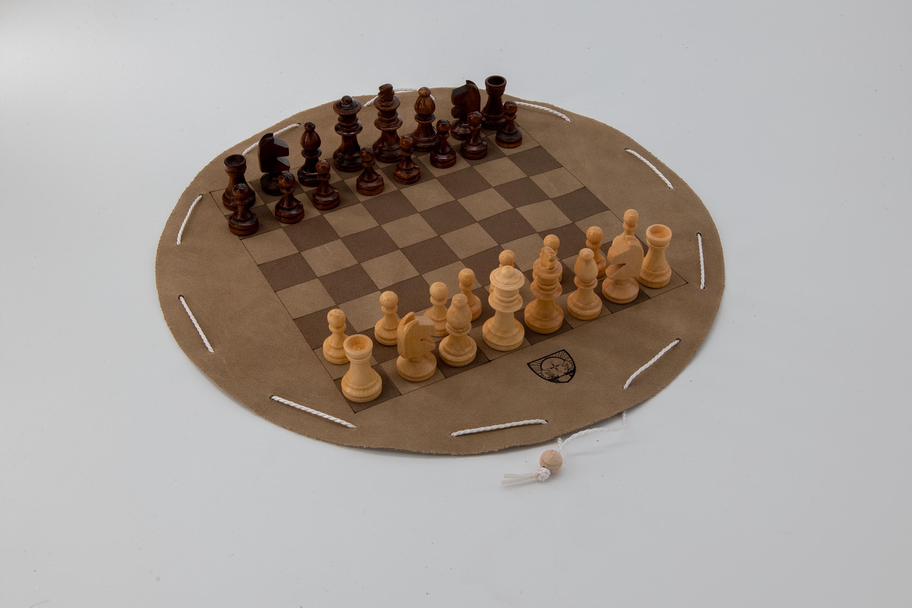 Chess, chess set, historical board games in a leather bag