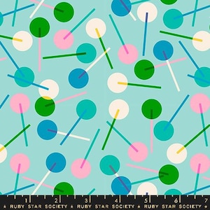May include: A fabric pattern featuring a light blue background with a repeating design of colorful circles and lines. The circles are in shades of green, pink, white, and blue, with lines in coordinating colors. The text "RUBY STAR SOCIETY" is at the bottom.
