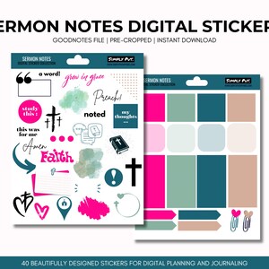 May include: A set of 40 digital stickers for Goodnotes, featuring a variety of designs related to sermon notes, including crosses, hearts, speech bubbles, and the words "study this", "grow in grace", "preach", "noted", "my thoughts", "this was for me", "Amen", and "Faith".