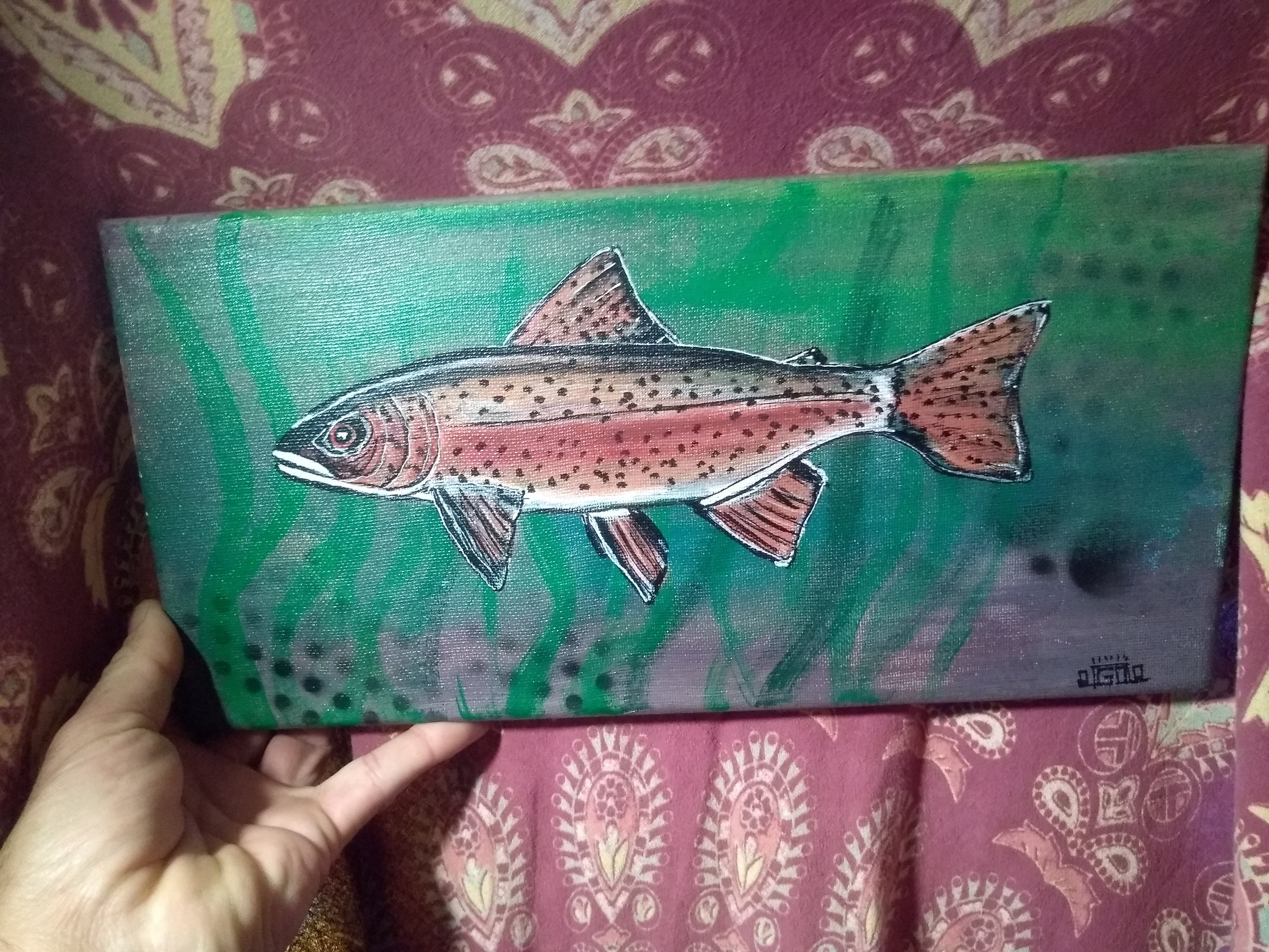 Original 7x14 trout acrylic painting on stretched canvas Etsy