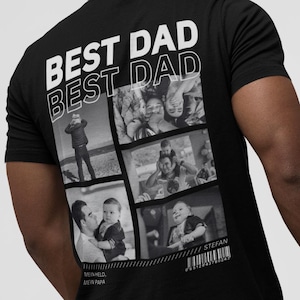 May include: Black t-shirt with the words "BEST DAD" in white block letters. The back of the shirt features a collage of black and white photos. The shirt has a barcode and text that reads "MEIN PAPA".