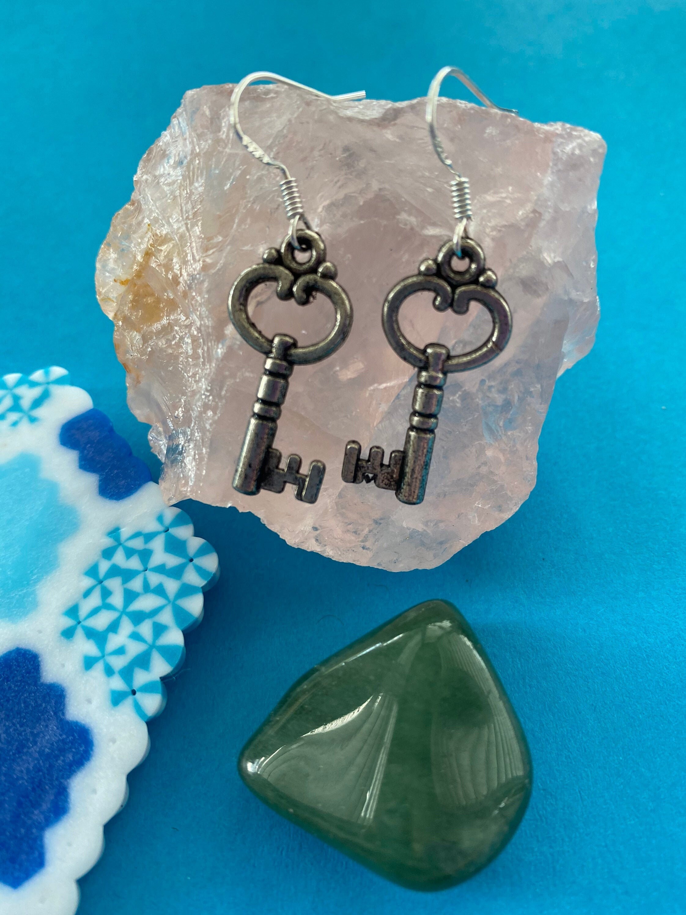 key pendant earrings with 925 silver hooks or clip ons dainty fairyco…