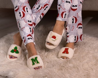 CHRISTMAS SALE! Personalized Fluffy Slippers Women Christmas Gift Mom Santa Women Slippers Christmas Eve Slippers Custom Slippers Gift Women