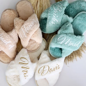Personalized Fluffy Slippers for Bridesmaids Team Bride Slippers Bachelorette Party Slippers Pink White Fluffy Slippers Maid of Honor Gift