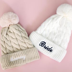 Christmas Gift for Bride Bridesmaids Mommy Beanie Hat Embroidered Winter Hat Bride Bachelorette Party Pom Pom Hat Personalized Gift Beanie