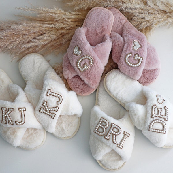 Personalized Matching Bridesmaids Fluffy Slippers Fur Cozy Adult Slippers Maid of Honor Slippers Bachelorette Party Slippers Sleepover Party