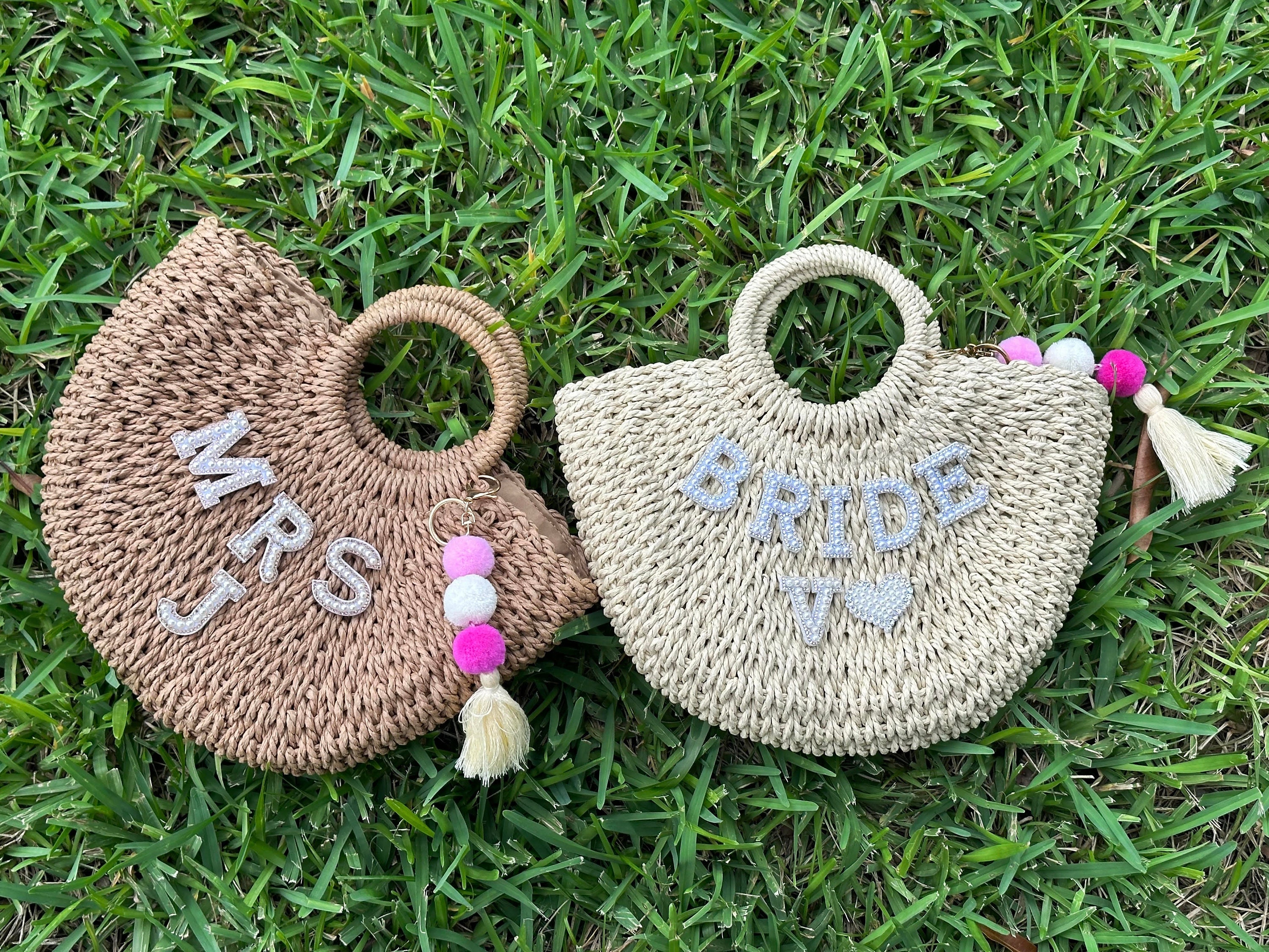 Bridal Pearl Handbag Personalized Gift For Bride Shoulder Straw Bag Beach Bag for Bride Wifey Straw Bag Gift For Wife Custom Bag for Bride