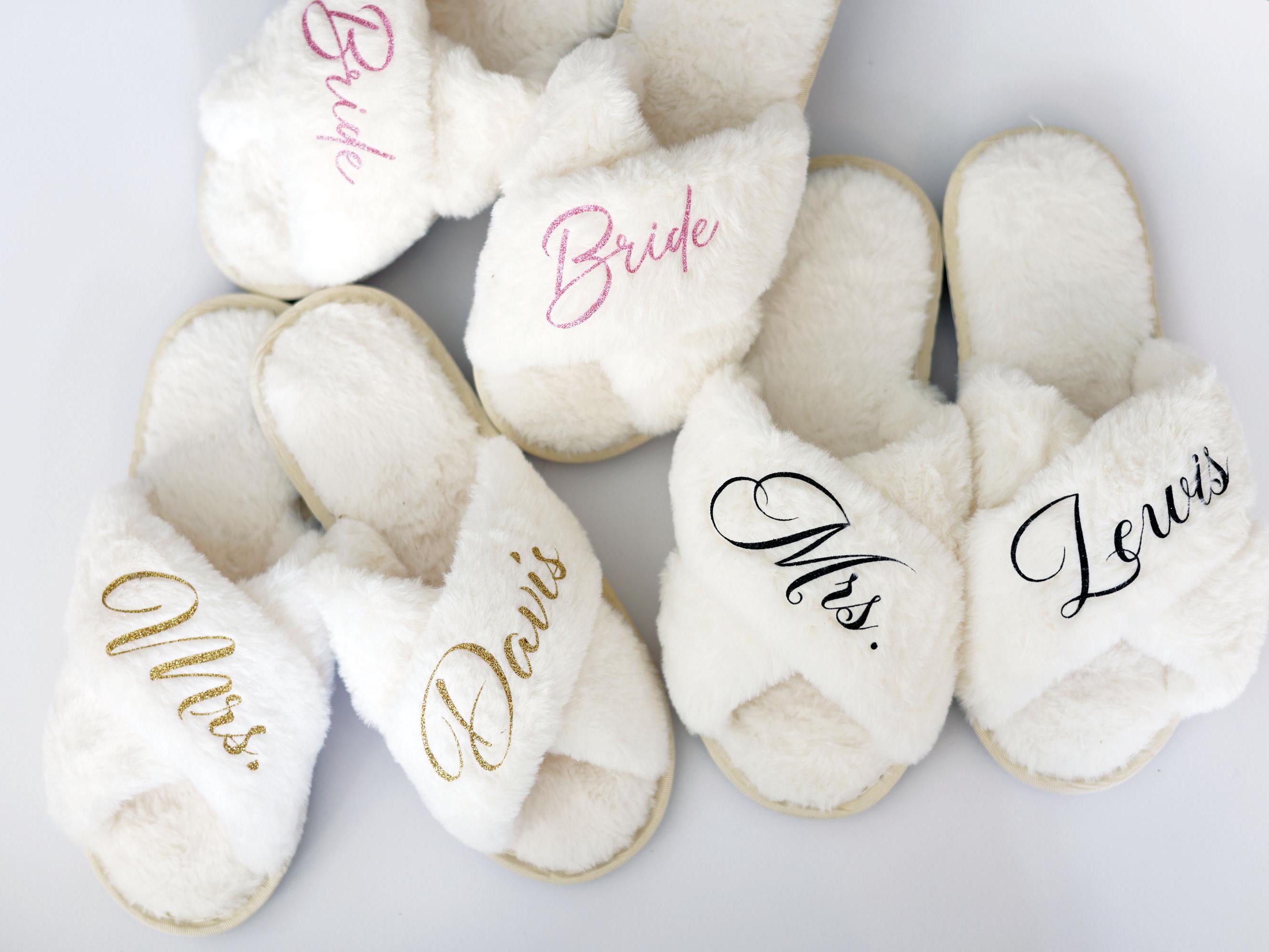 Bride White Slippers Personalized Gift for Bride Wedding Day Slippers Future Mrs Fluffy Slippers Bachelorette Party Fluffy Slippers Bridal