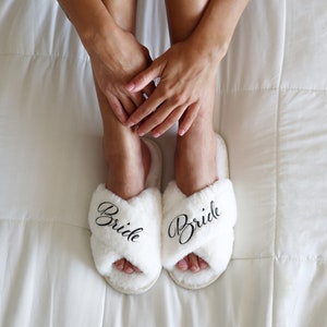 Gift for Bride Bridal Shower Slippers White Slippers Future Mrs Personalized Cross Over Slippers Bachelorette Party Slippers Bride to be