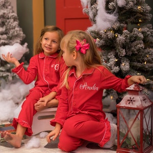 LAST CALL! Cute Red Christmas Pajamas Kids Xmas Top Pants Ruffle Set Pajamas Girl Kids Christmas Morning Siblings Custom Red Pajamas Kids